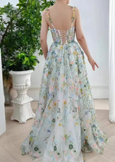 Evangeline | Elegant Ivory Floral A Line V neck Flower Prom Dress - Charming Back Design - Ivory Floral - PromDressClub